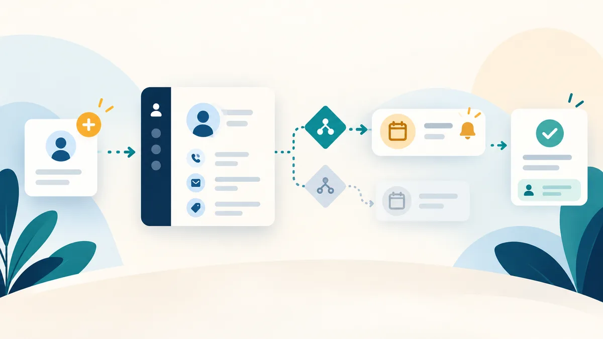 مخطط توضيحي ينتقل فيه سجل العميل من بطاقة CRM عبر شروط أتمتة إلى مهمة متابعة مكتملة