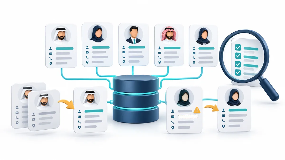 بطاقات سجلات عملاء مترابطة مع عدسة تدقيق تكشف التكرار واكتمال الحقول في CRM
