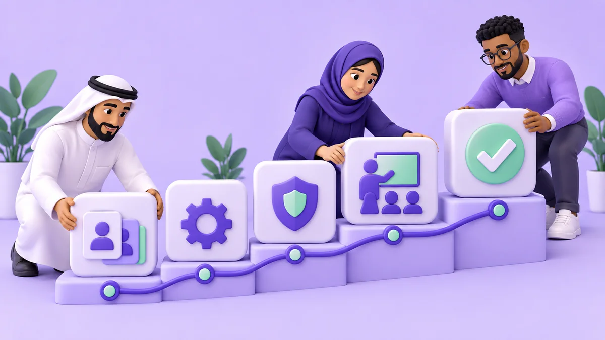 فريق يرتب مراحل تطبيق CRM من بيانات العملاء والإعداد إلى الحماية والتدريب والتحقق