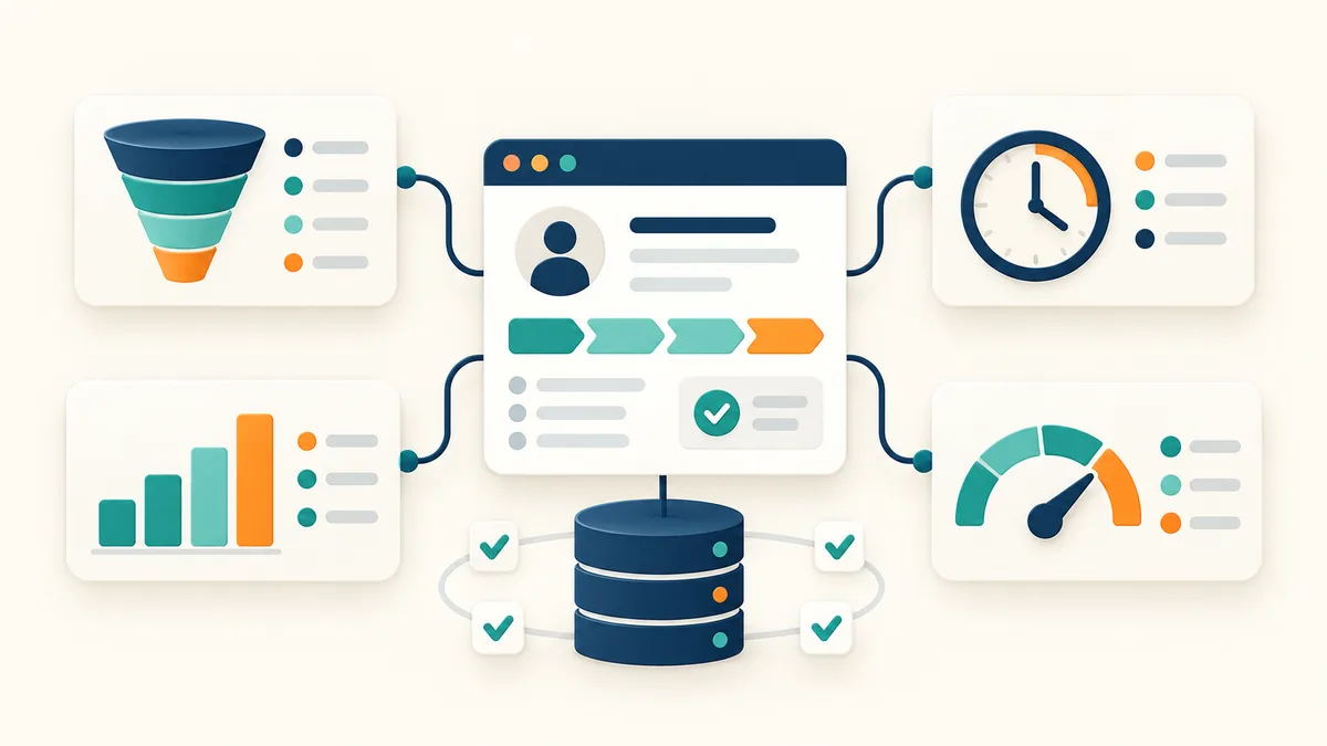 رسم توضيحي يربط سجل CRM بمؤشرات التحويل والمدة وقيمة الصفقة وتحقيق الهدف