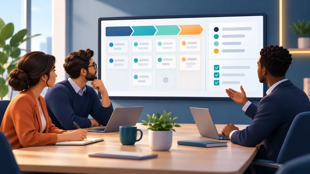 فريق مبيعات يراجع لوحة CRM وجدول أعمال الاجتماع وقائمة الالتزامات الأسبوعية